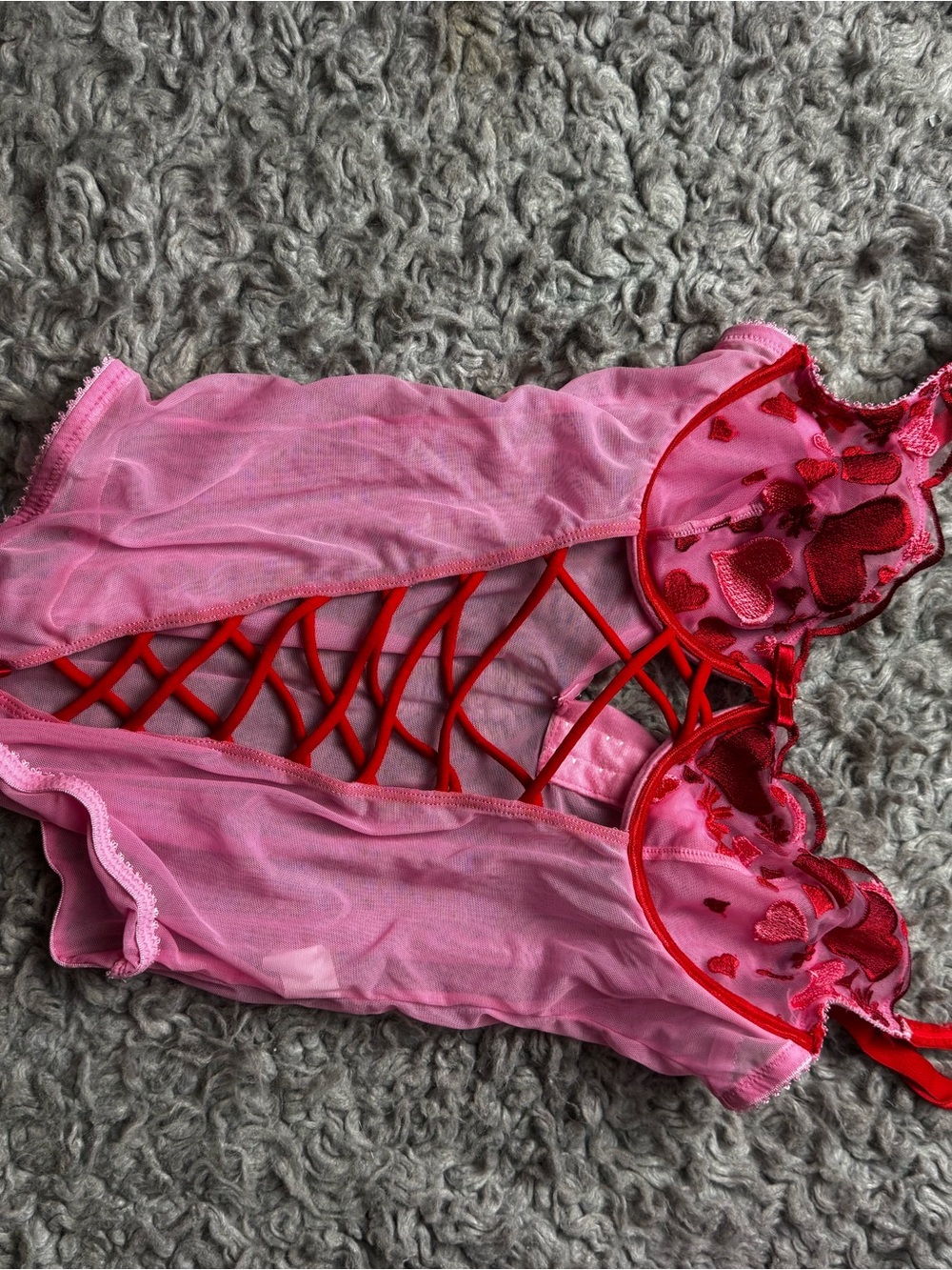 Pink and Red Mesh Lace Teddy Bodysuit - Women's Intimates